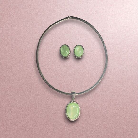 VTG Signed MJ Marie Jennifer Silver Tone Green Stone Pendant Necklace Earrings - Picture 9 of 12